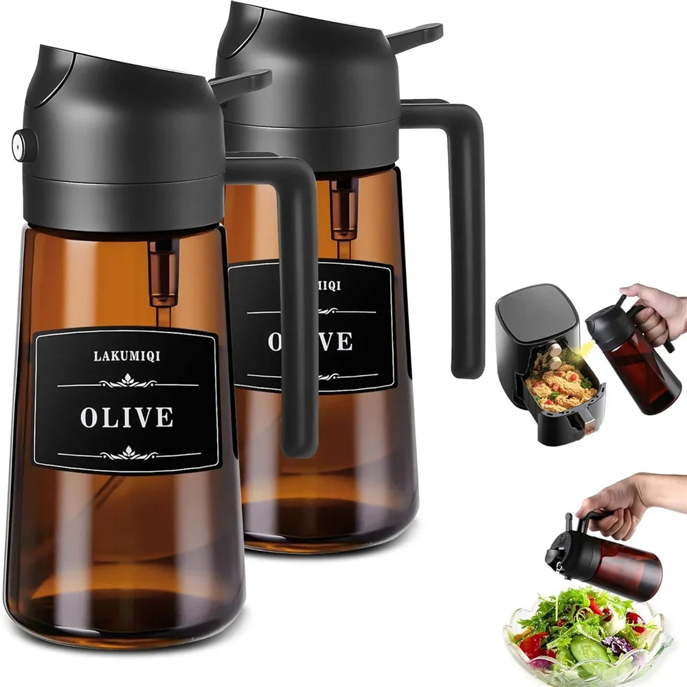 2-In-1 Glass Oil Sprayer and Dispenser, 16oz Leakproof Olive Oil Bottle for Cooking, Air Frying, Salad Preparation, and BBQ Seasoning