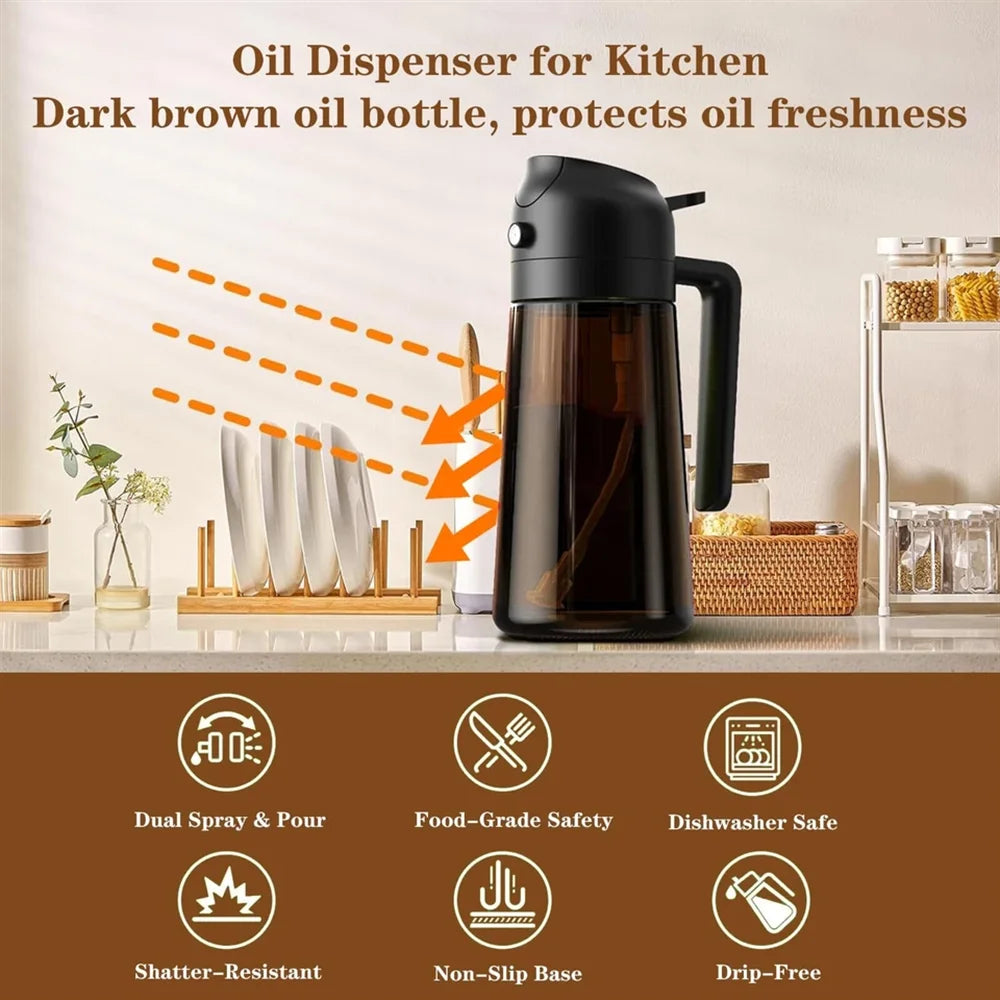 2-In-1 Glass Oil Sprayer and Dispenser, 16oz Leakproof Olive Oil Bottle for Cooking, Air Frying, Salad Preparation, and BBQ Seasoning
