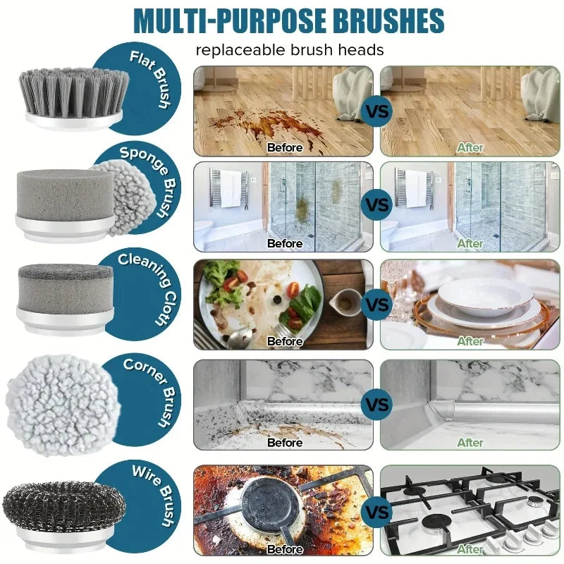 Cordless Electric Spin Scrubber with 5 Replaceable Brush Heads for Efficient Bathroom Cleaning