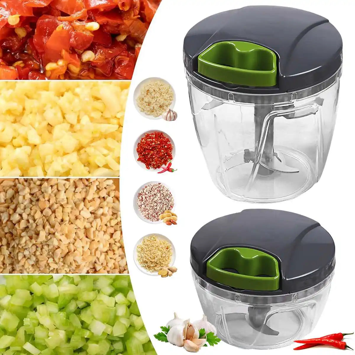 Manual Food Chopper with Pull String Mechanism - 600/1000ml Vegetable, Onion, Garlic, Fruit, Herb, and Nut Cutter for Kitchen Use